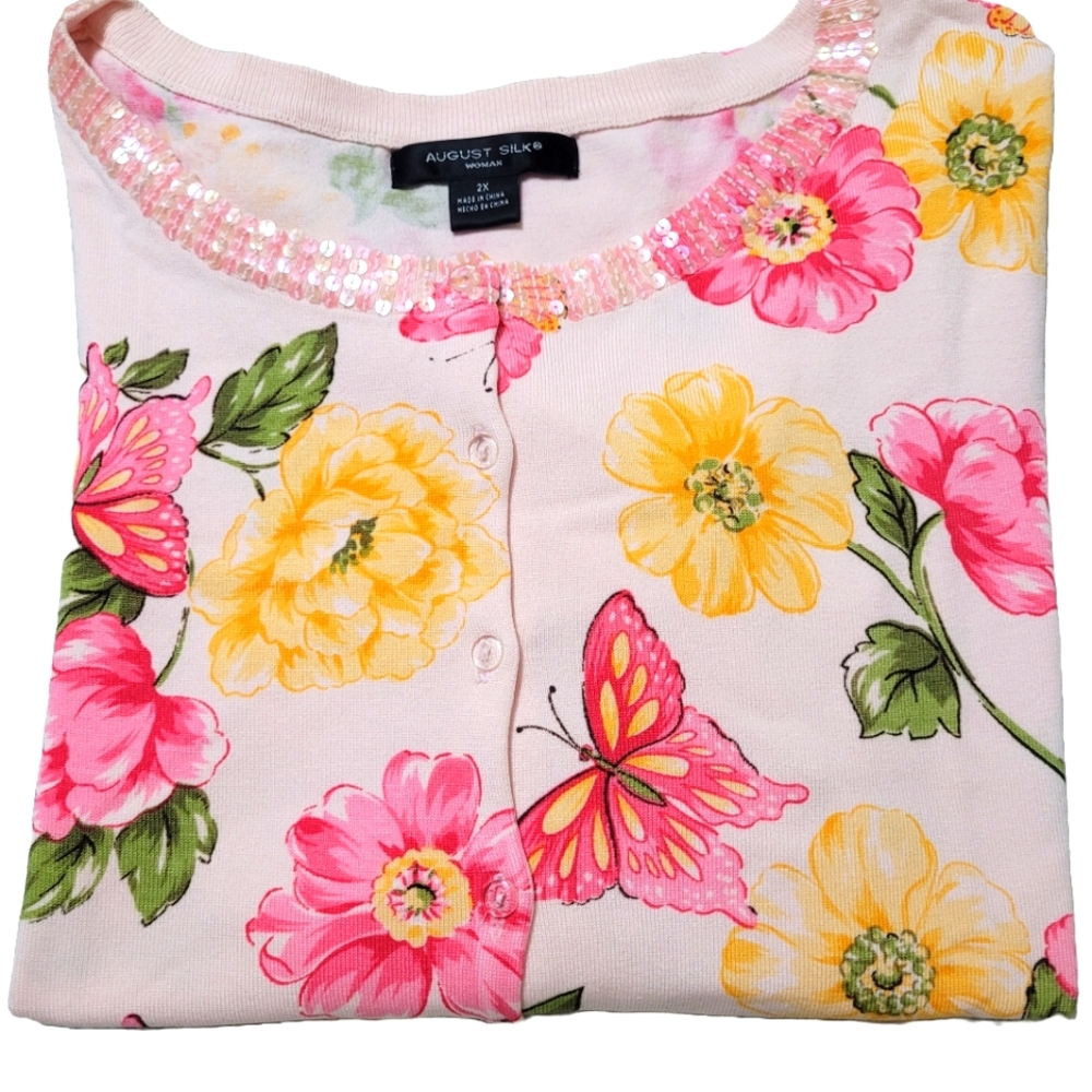 2X August Silks Women Floral & Butterfly Sweater Cardigan  Beaded Trim Beautiful